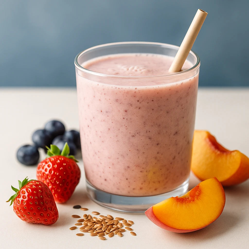 Smoothie rose aux fraises, myrtilles et pêche